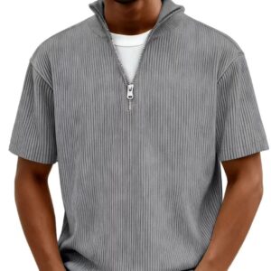 Camisa de pana de manga corta con cuello tipo mao y cremallera